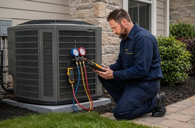 HVAC technician servicing a residential outdoor cooling system