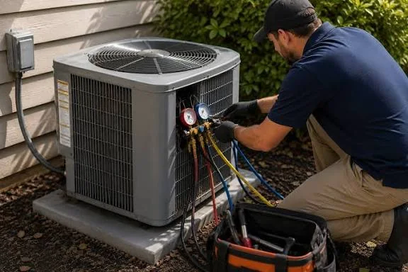 Technician checking gauges on a residential air conditioning condenser
