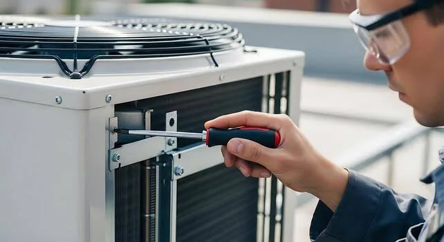 Technician inspecting airflow components inside an outdoor HVAC unit