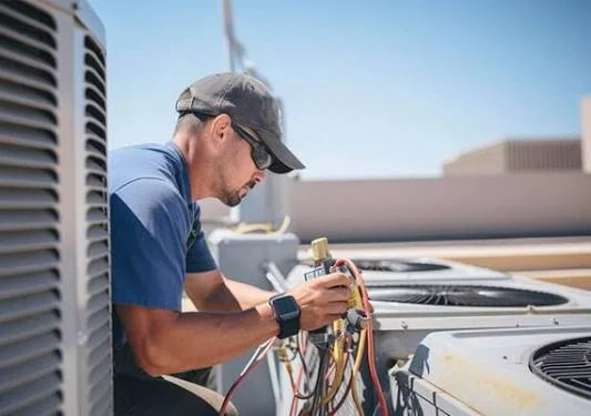 HVAC technician using gauges during an urgent rooftop equipment inspection