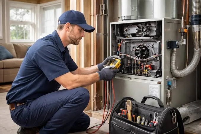 Technician testing a residential furnace with diagnostic tools