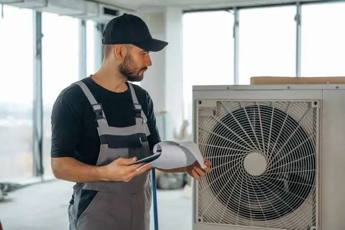 HVAC installer reviewing a new outdoor heat pump unit